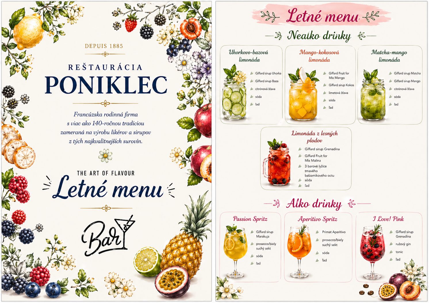 Letné nápoje reštaurácie Poniklec