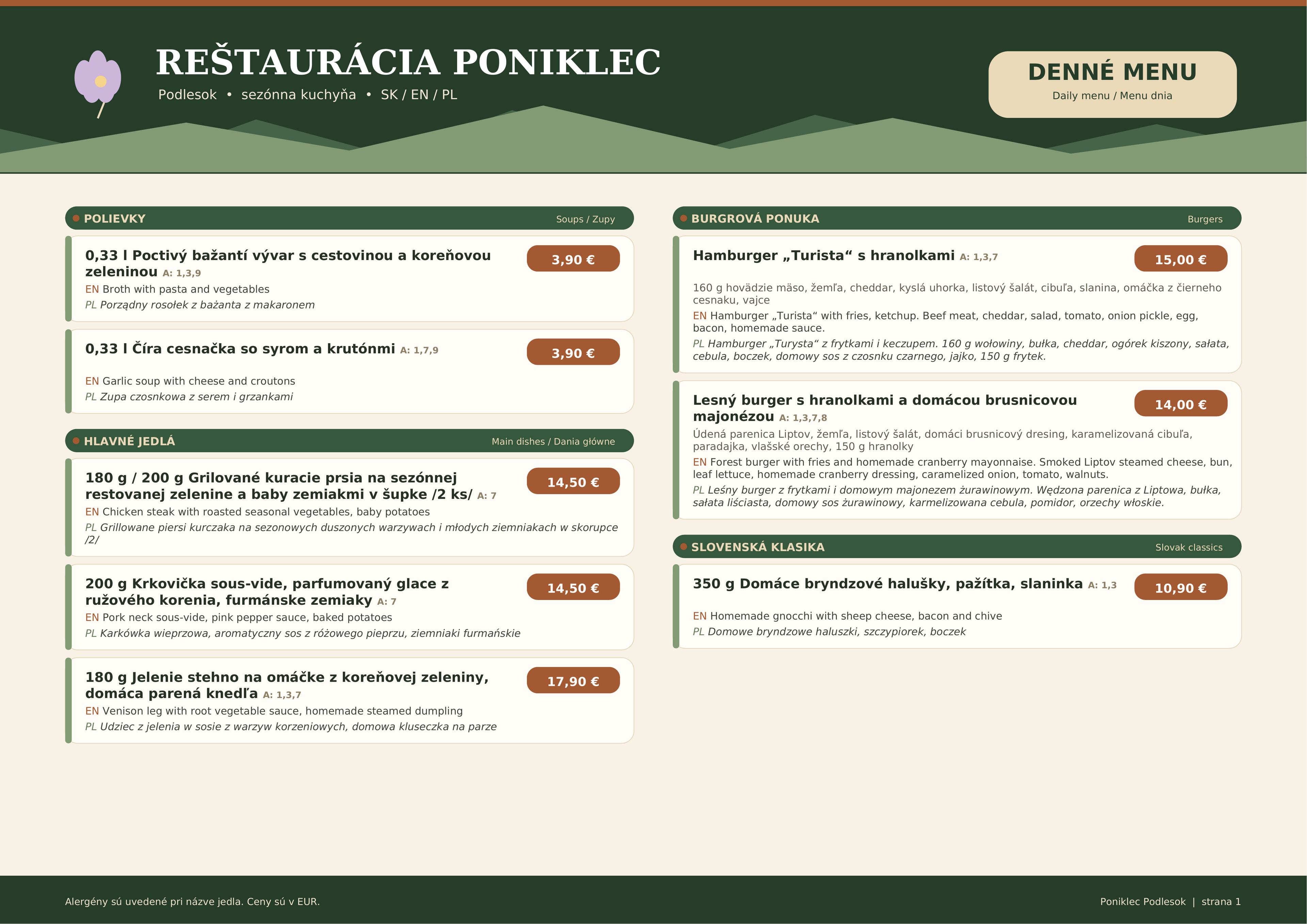 Jedálny lístok reštaurácie Poniklec, prvá strana