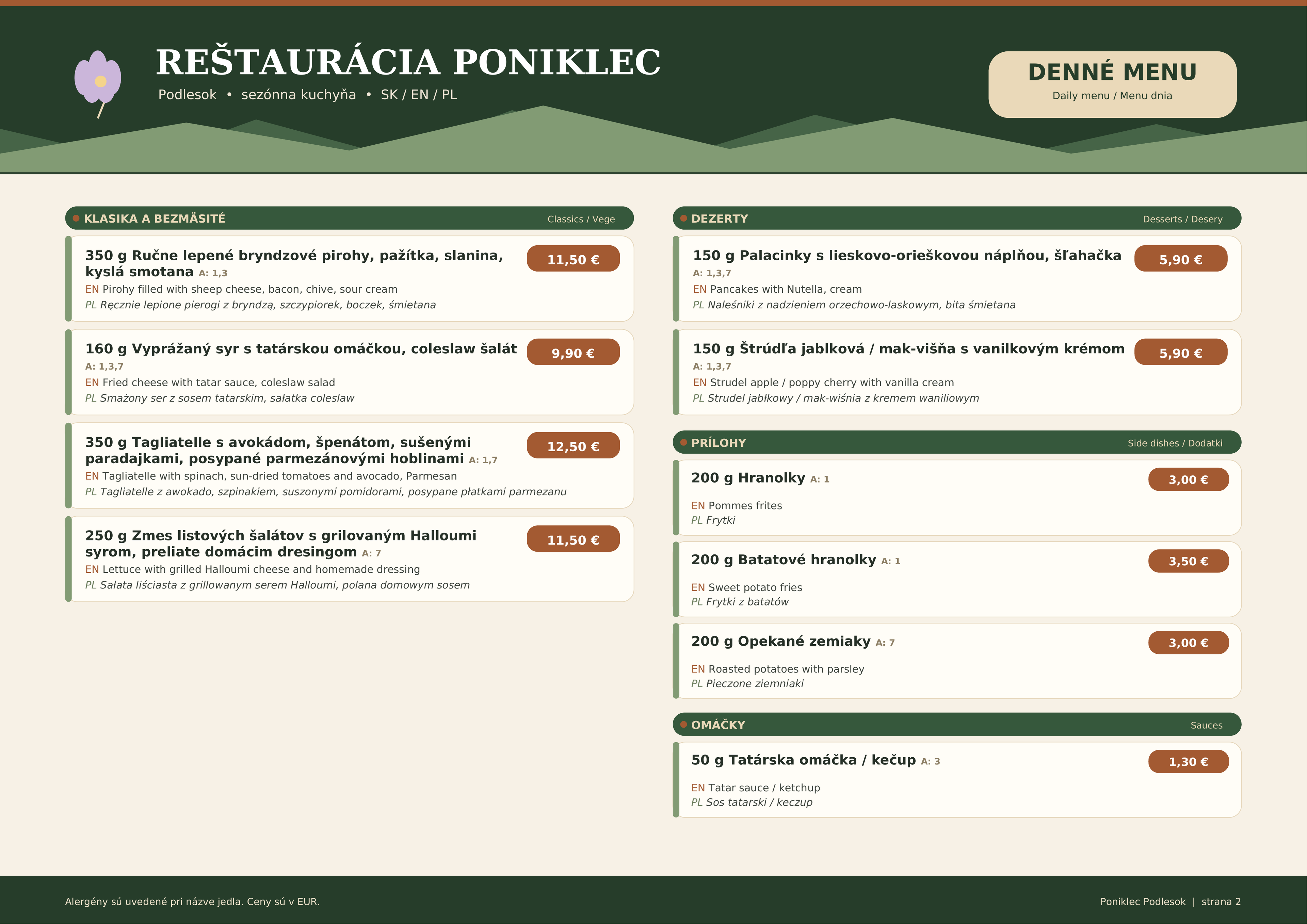 Jedálny lístok reštaurácie Poniklec, druhá strana